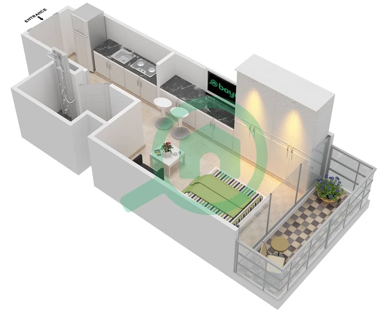 Азизи Ривьера 1 - Апартамент Студия планировка Тип 2B interactive3D