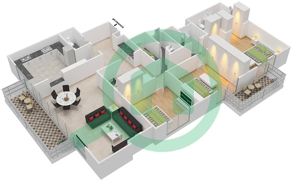 المخططات الطابقية لتصميم النموذج 3A1 شقة 3 غرف نوم - مساكن مونت روز A interactive3D