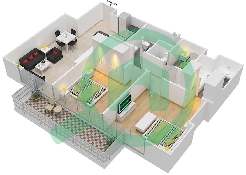 المخططات الطابقية لتصميم النموذج 2A1 شقة 2 غرفة نوم - مساكن مونت روز A interactive3D