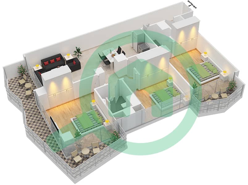 المخططات الطابقية لتصميم النموذج 1 شقة 3 غرف نوم - سيفن سيتي interactive3D