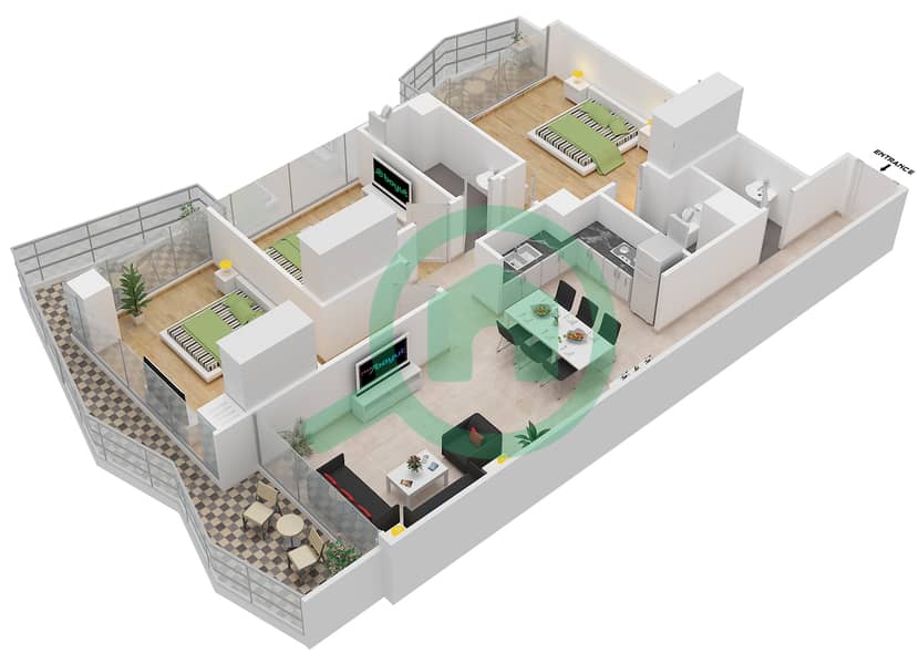Се7ен Сити - Апартамент 3 Cпальни планировка Тип 1A interactive3D