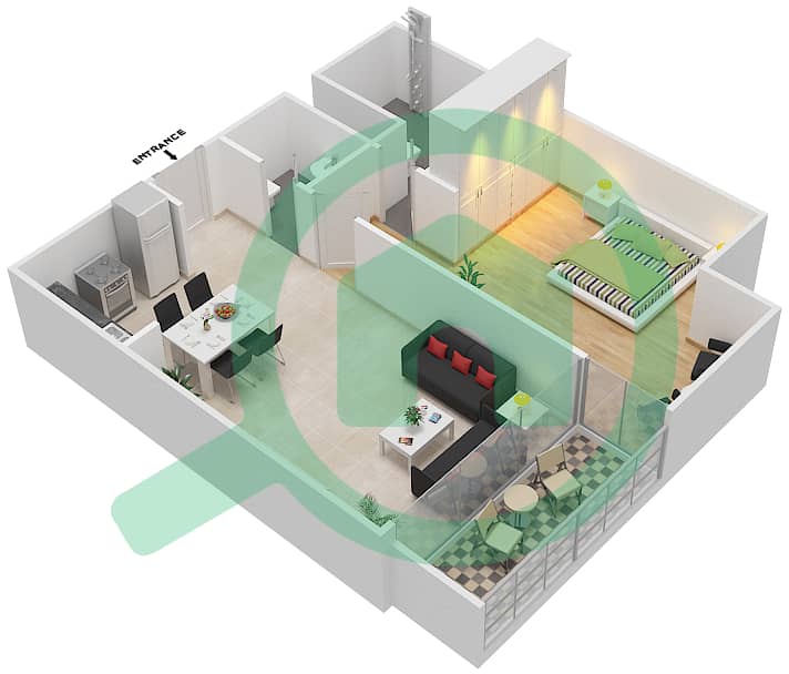 المخططات الطابقية لتصميم النموذج 1 شقة 1 غرفة نوم - سيفن سيتي interactive3D