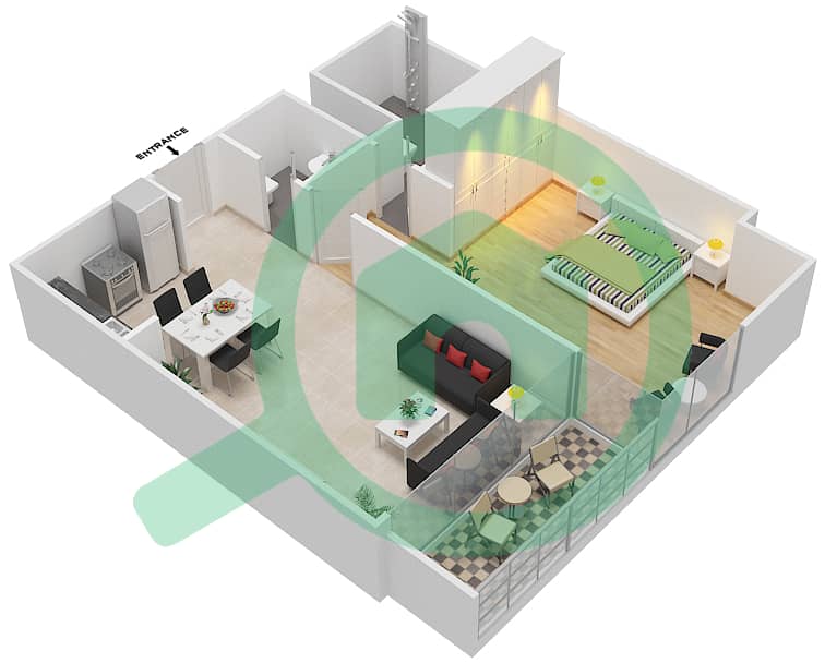 المخططات الطابقية لتصميم النموذج 1A شقة 1 غرفة نوم - سيفن سيتي interactive3D