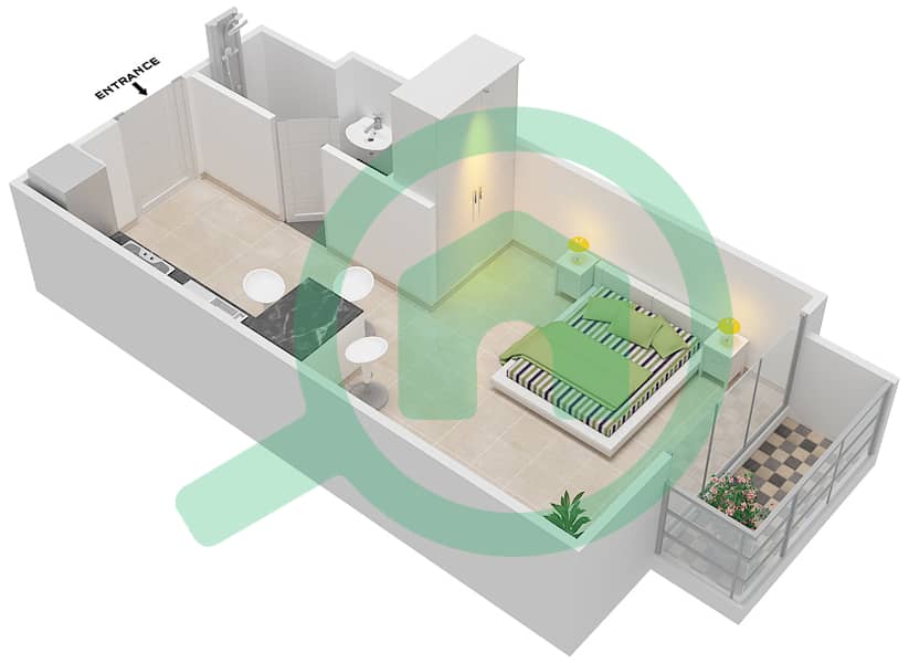 المخططات الطابقية لتصميم النموذج 1A شقة استوديو - سيفن سيتي interactive3D