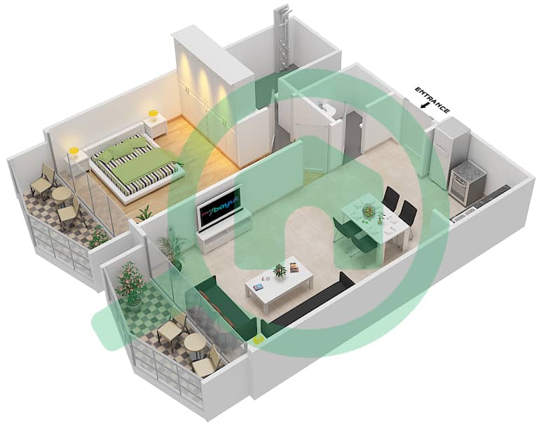 المخططات الطابقية لتصميم النموذج 2 شقة 1 غرفة نوم - سيفن سيتي interactive3D