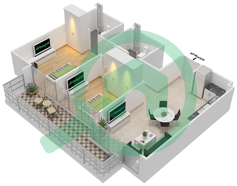 المخططات الطابقية لتصميم النموذج / الوحدة 1B / 10,12 FLOOR 2-8 شقة 2 غرفة نوم - عزيزي ريفييرا 21 interactive3D