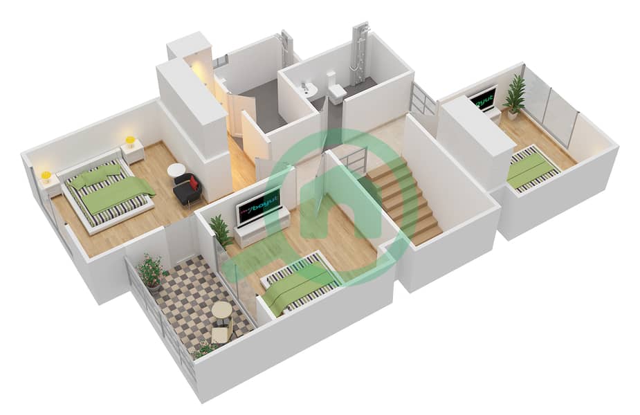 瑞姆小区 - 4 卧室联排别墅类型1E戶型图 interactive3D