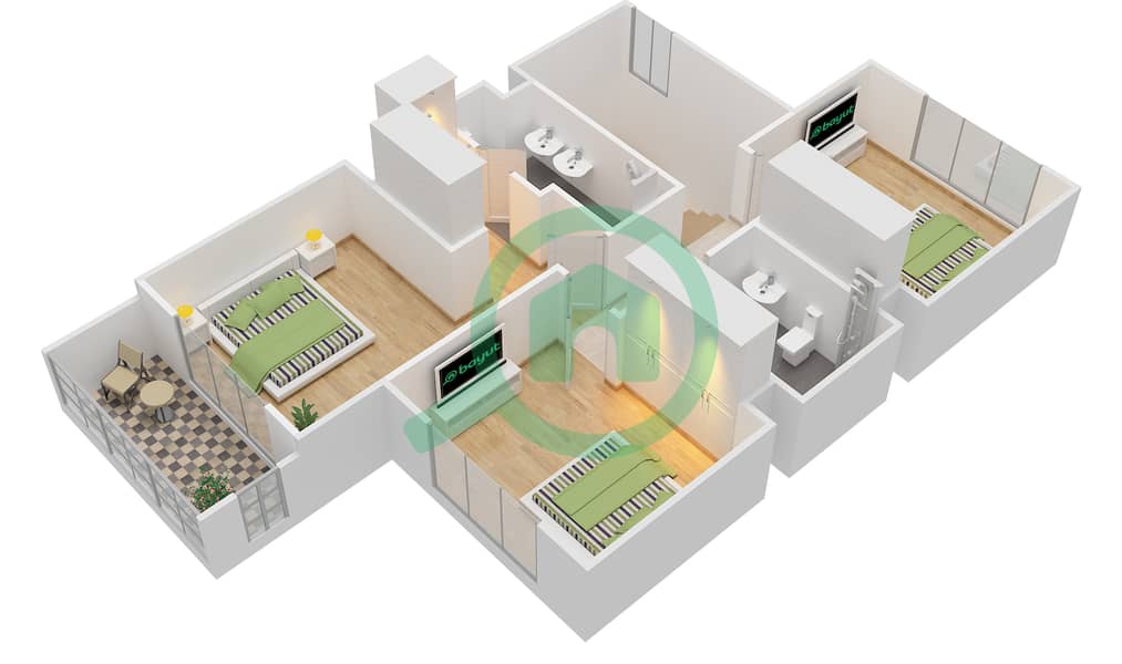 المخططات الطابقية لتصميم النموذج 2M تاون هاوس 3 غرف نوم - ريم interactive3D