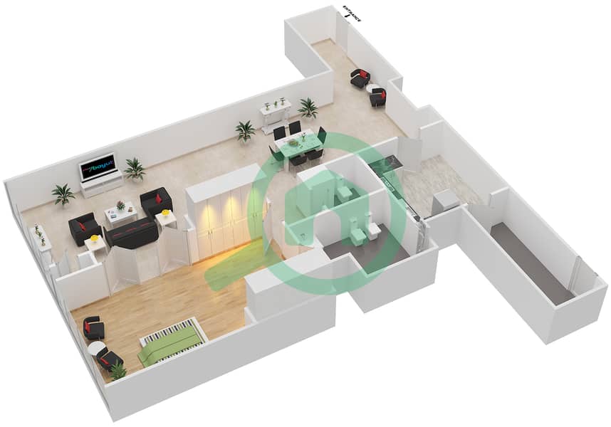 المخططات الطابقية لتصميم النموذج A شقة 1 غرفة نوم - ماج 5 ريزيدنس (برج B2) interactive3D