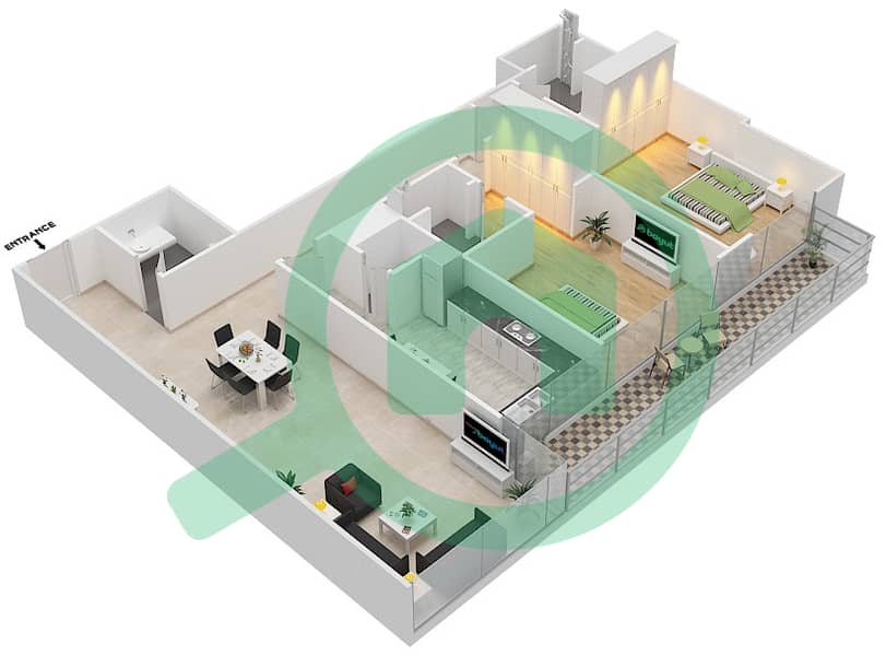 المخططات الطابقية لتصميم الوحدة 6 شقة 2 غرفة نوم - برج بهوان interactive3D