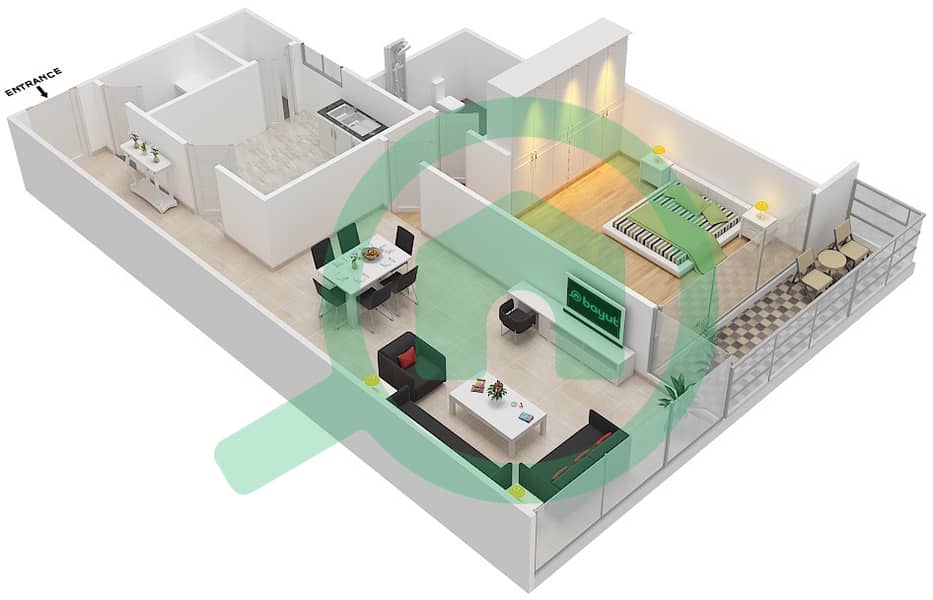 المخططات الطابقية لتصميم الوحدة 4 شقة 1 غرفة نوم - برج بهوان interactive3D