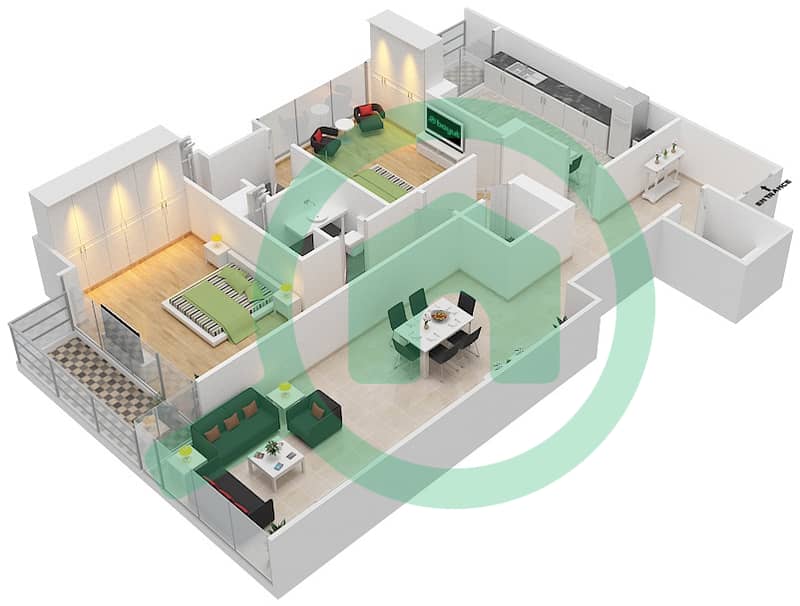 巴湾塔 - 2 卧室公寓单位2戶型图 interactive3D