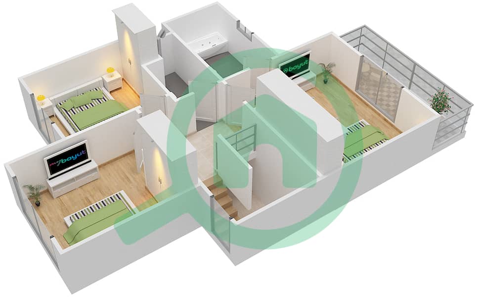 المخططات الطابقية لتصميم النموذج 2 MID تاون هاوس 3 غرف نوم - نسيم تاون هاوس interactive3D