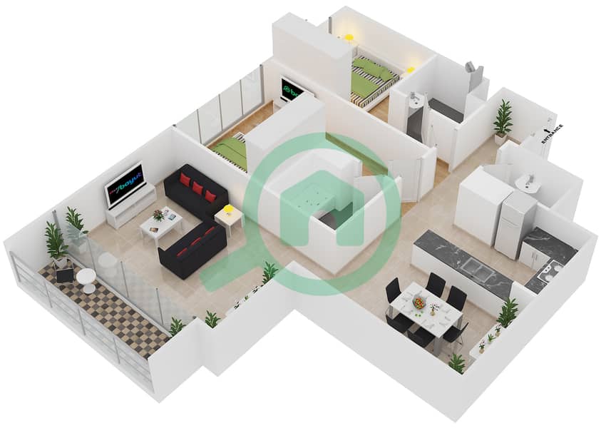 المخططات الطابقية لتصميم النموذج / الوحدة E/8 FLOOR 6-39 شقة 2 غرفة نوم - برج المها Floor 6-39 interactive3D
