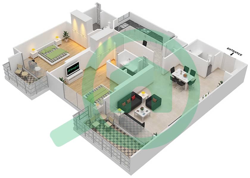 Здание Бахван - Апартамент 2 Cпальни планировка Единица измерения 8 interactive3D