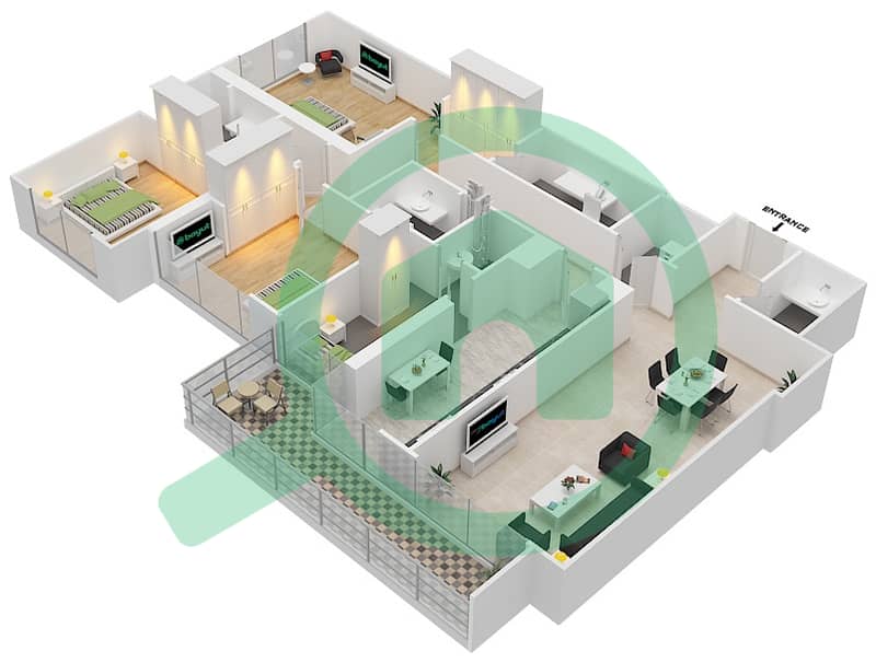 巴湾塔 - 3 卧室公寓单位7戶型图 interactive3D