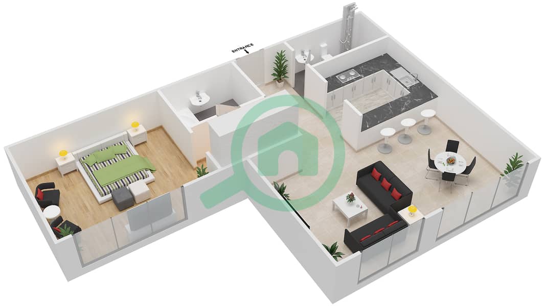المخططات الطابقية لتصميم النموذج 1 شقة 1 غرفة نوم - بولو ريزيدنس interactive3D