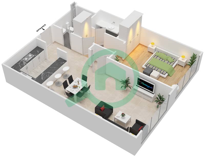 المخططات الطابقية لتصميم النموذج 2 شقة 1 غرفة نوم - بولو ريزيدنس interactive3D