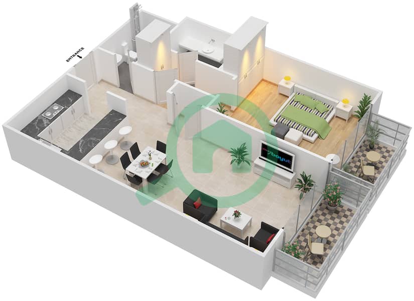 المخططات الطابقية لتصميم النموذج 3 شقة 1 غرفة نوم - بولو ريزيدنس interactive3D