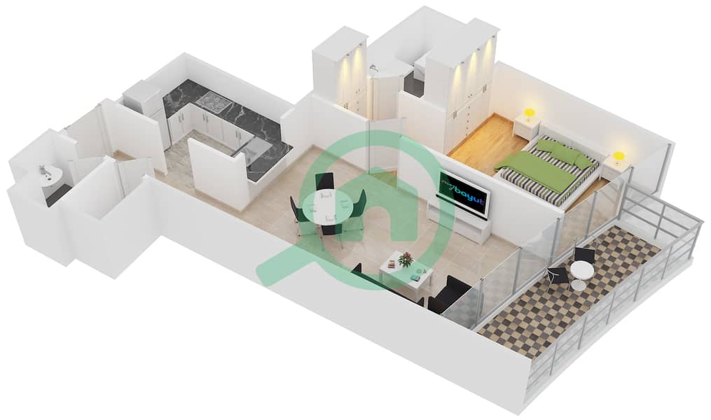 Burj Vista 1 - 1 Bedroom Apartment Unit 2 FLOOR 6-23 Floor plan interactive3D