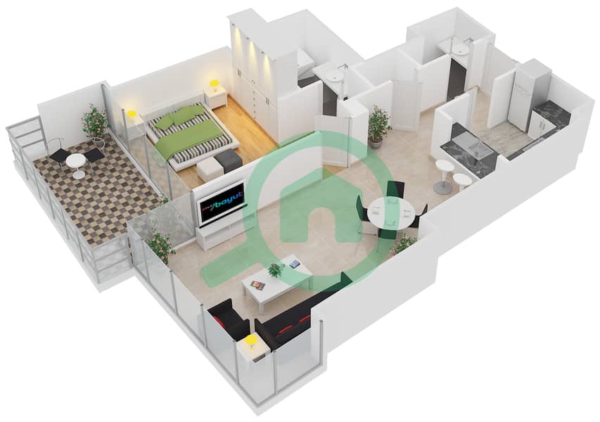 المخططات الطابقية لتصميم الوحدة 5 FLOOR 4,6,8,10,12,14,16 شقة 1 غرفة نوم - برج فيستا 1 interactive3D