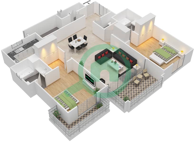 المخططات الطابقية لتصميم النموذج F شقة 2 غرفة نوم - مساكن سنتوريون interactive3D
