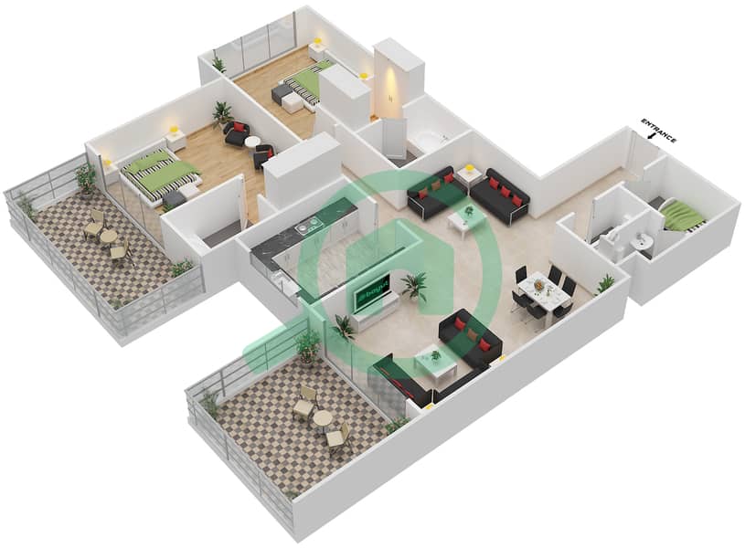 波罗公寓 - 2 卧室公寓类型1戶型图 interactive3D