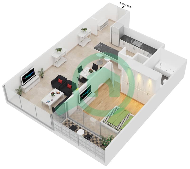 Скайкортс Тауэр C - Апартамент 1 Спальня планировка Тип A-LARGE interactive3D