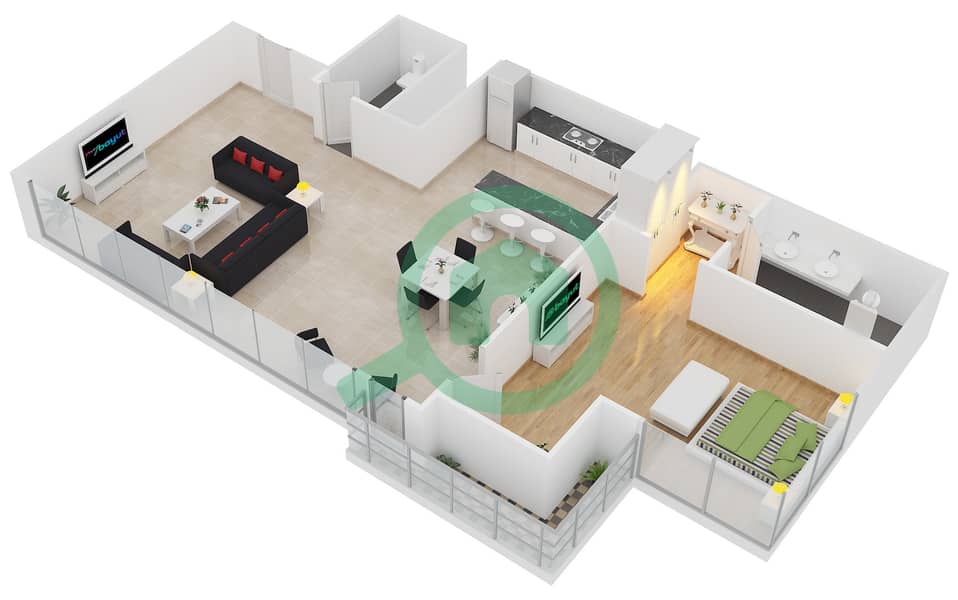 المخططات الطابقية لتصميم النموذج A شقة 1 غرفة نوم - برج راك interactive3D