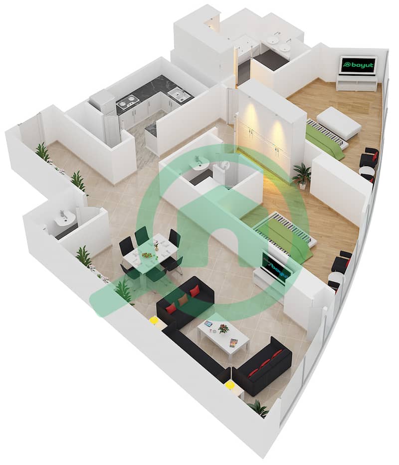 РАК Тауэр - Апартамент 2 Cпальни планировка Тип E interactive3D