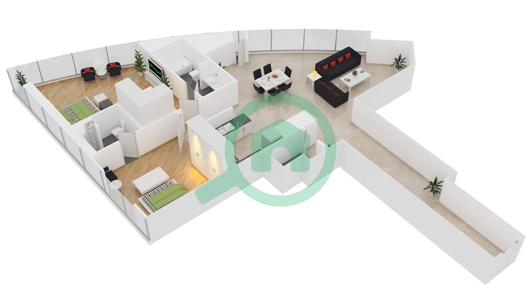 المخططات الطابقية لتصميم النموذج F شقة 2 غرفة نوم - برج راك interactive3D