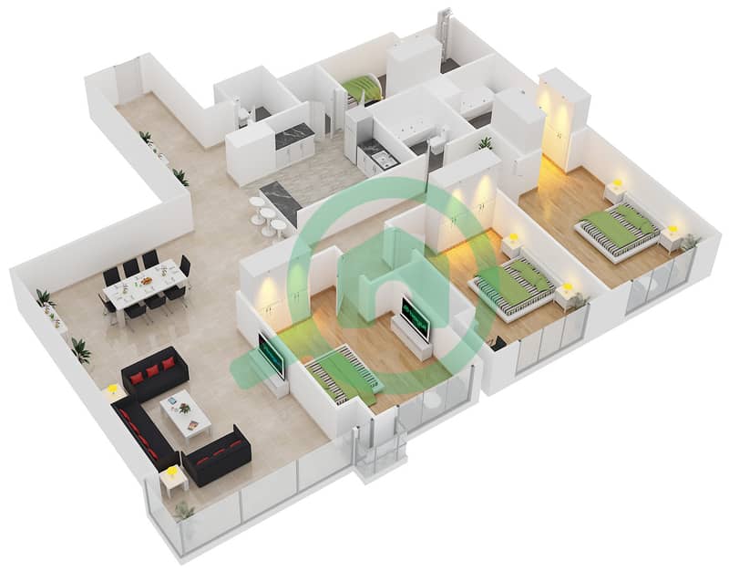 المخططات الطابقية لتصميم النموذج C شقة 3 غرف نوم - برج راك interactive3D