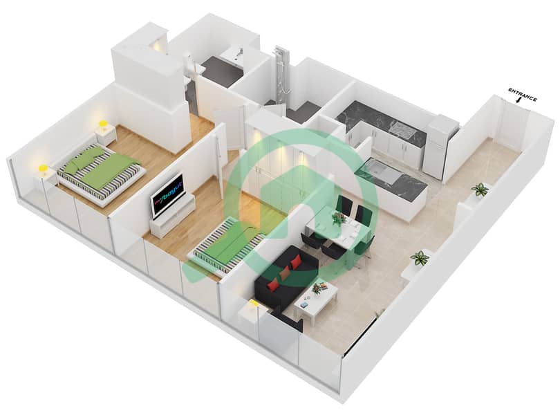 Скайкортс Тауэр C - Апартамент 2 Cпальни планировка Тип B-SMALL interactive3D