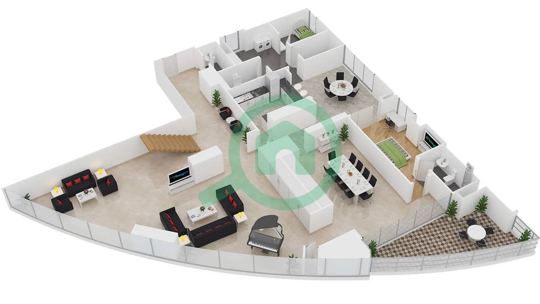 المخططات الطابقية لتصميم النموذج J شقة 5 غرف نوم - برج راك interactive3D