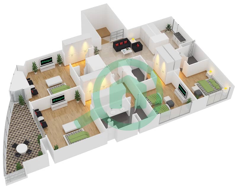 РАК Тауэр - Апартамент 5 Cпальни планировка Тип J interactive3D