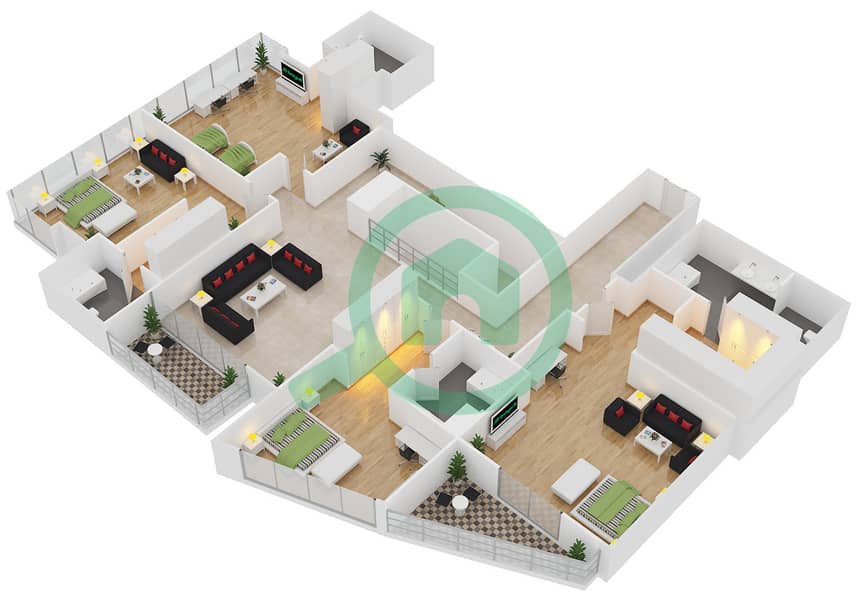 المخططات الطابقية لتصميم النموذج I شقة 5 غرف نوم - برج راك interactive3D