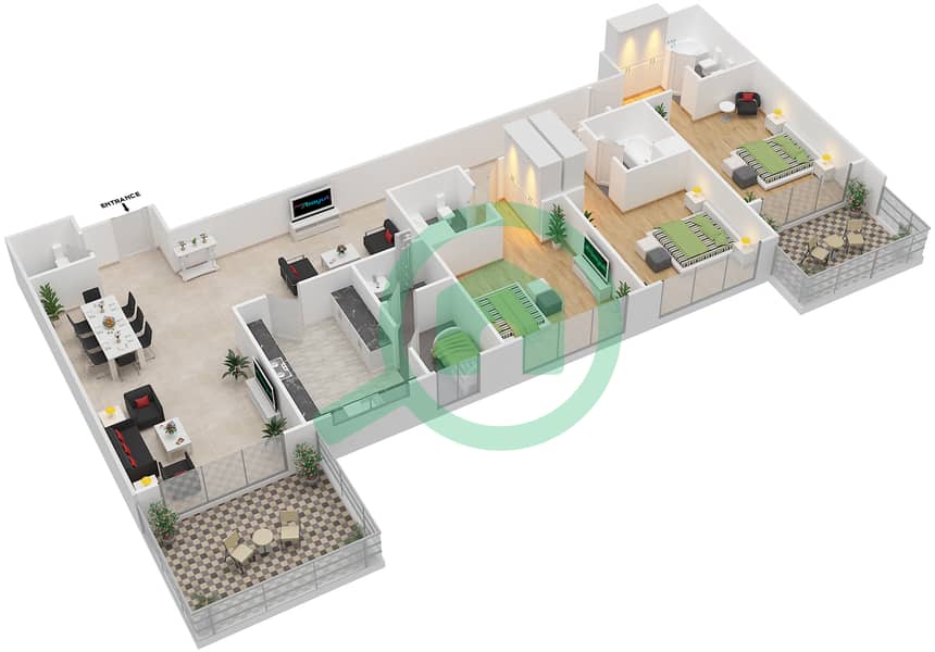 المخططات الطابقية لتصميم النموذج 1 شقة 3 غرف نوم - بولو ريزيدنس interactive3D