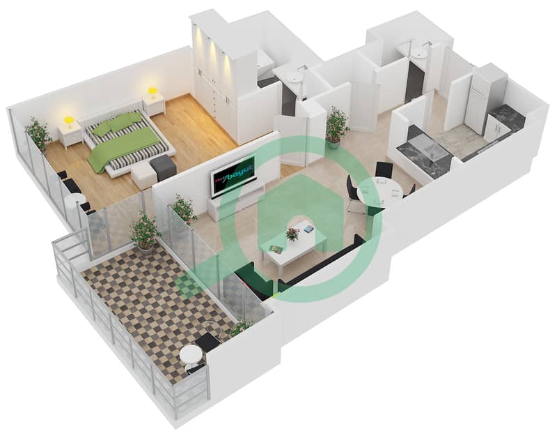 المخططات الطابقية لتصميم الوحدة 5 FLOOR 5,7,9,11,13,15,17 شقة 1 غرفة نوم - برج فيستا 1 interactive3D