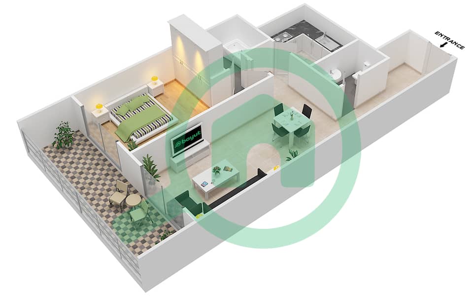 المخططات الطابقية لتصميم الوحدة 14 FLOOR 42-46 شقة 1 غرفة نوم - برج لافندر interactive3D