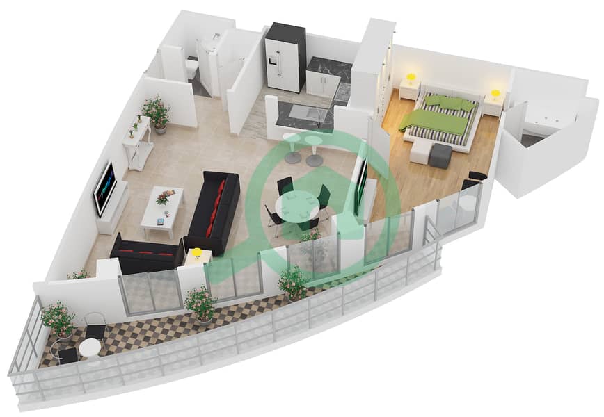 المخططات الطابقية لتصميم الوحدة 7 FLOOR 61,62,63 شقة 1 غرفة نوم - برج فيستا 1 interactive3D