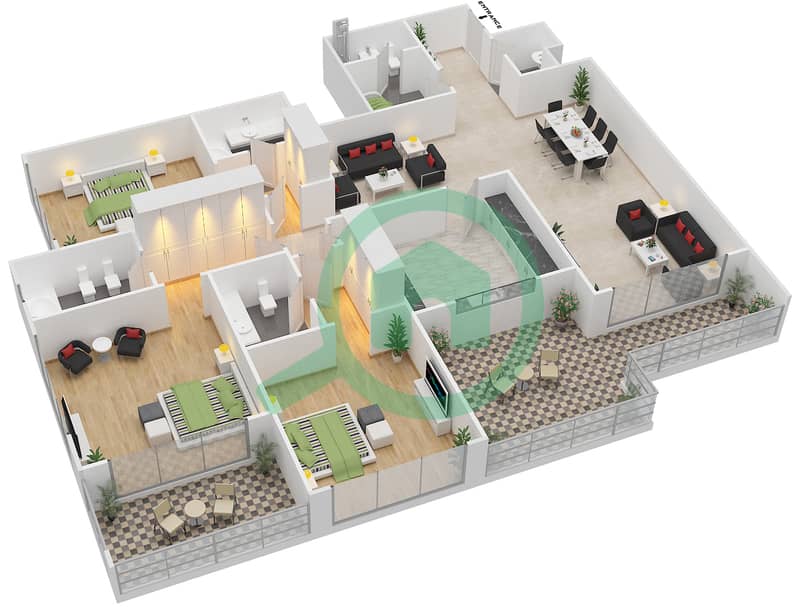 波罗公寓 - 3 卧室公寓类型2戶型图 interactive3D