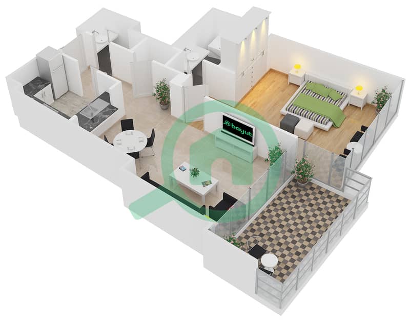 景观1号高塔 - 1 卧室公寓单位7 FLOOR 4,6,8,10,12,14,16戶型图 interactive3D