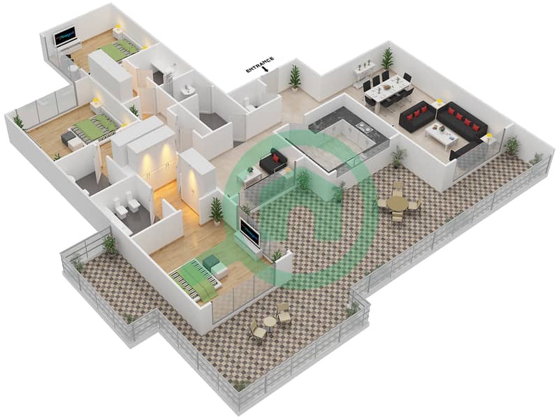 المخططات الطابقية لتصميم النموذج 4 شقة 3 غرف نوم - بولو ريزيدنس interactive3D