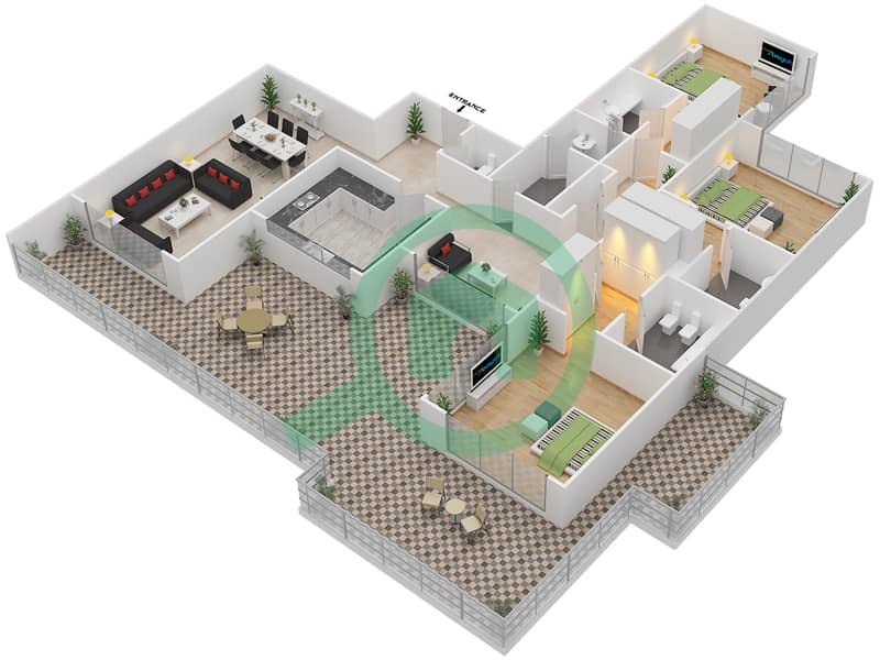 波罗公寓 - 3 卧室公寓类型6戶型图 interactive3D