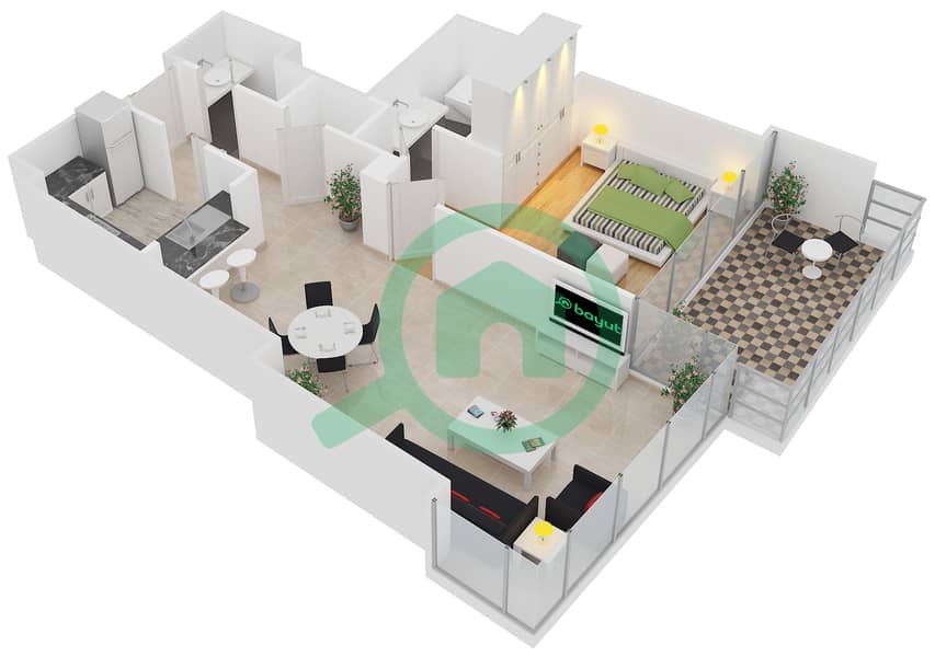 المخططات الطابقية لتصميم الوحدة 7 FLOOR 5,7,9,11,13,15,17 شقة 1 غرفة نوم - برج فيستا 1 interactive3D