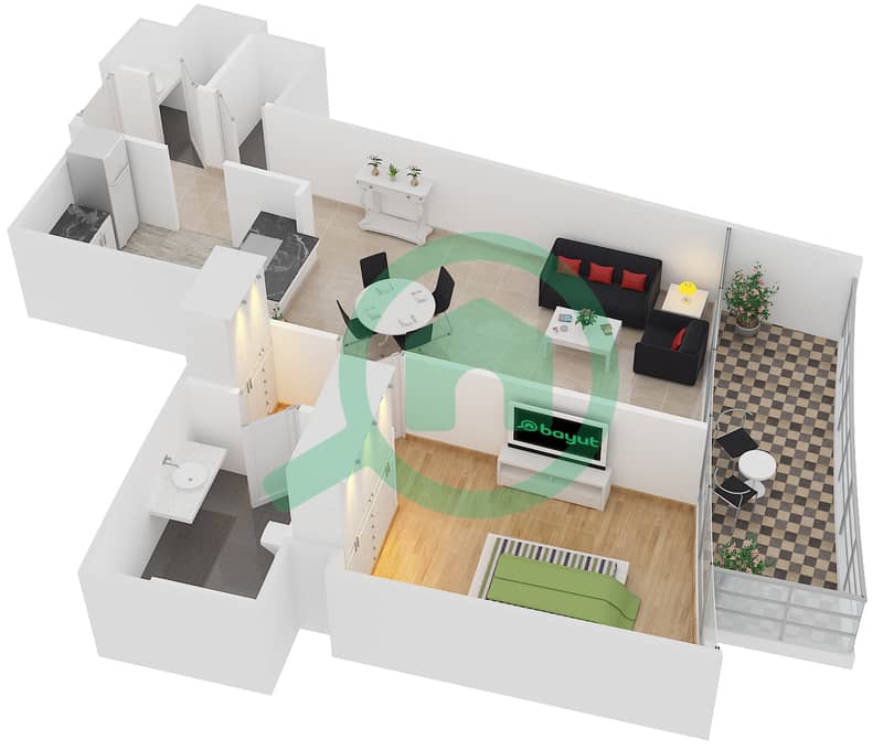 景观1号高塔 - 1 卧室公寓单位10 FLOOR 6-23戶型图 interactive3D