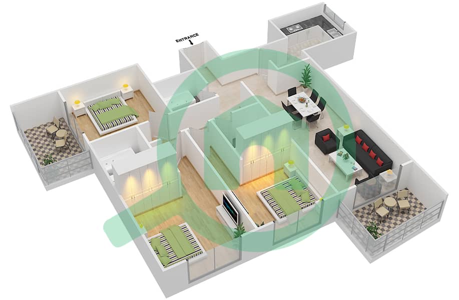 المخططات الطابقية لتصميم الوحدة 10 FLOOR 42-46 شقة 3 غرف نوم - برج لافندر interactive3D