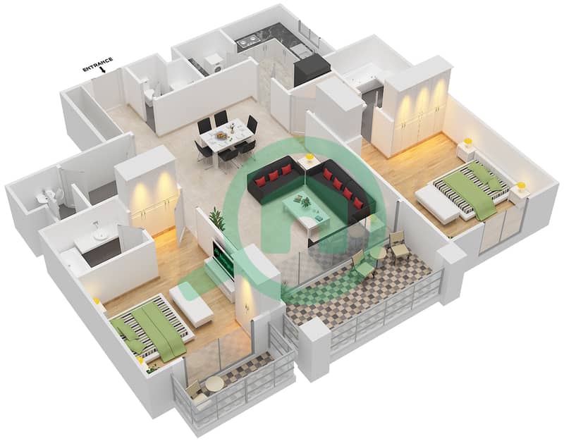 百夫长公寓 - 2 卧室公寓类型E戶型图 interactive3D
