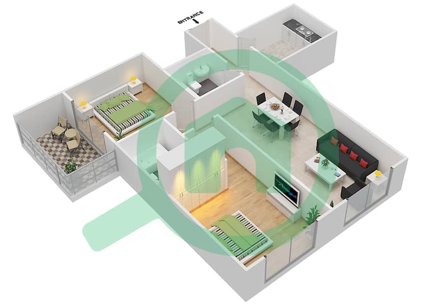 المخططات الطابقية لتصميم الوحدة 3 FLOOR 7-41 شقة 2 غرفة نوم - برج لافندر interactive3D