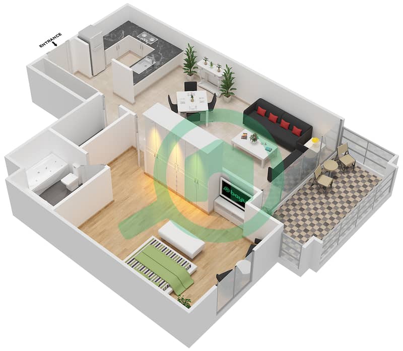 المخططات الطابقية لتصميم النموذج D شقة 1 غرفة نوم - مساكن سنتوريون interactive3D